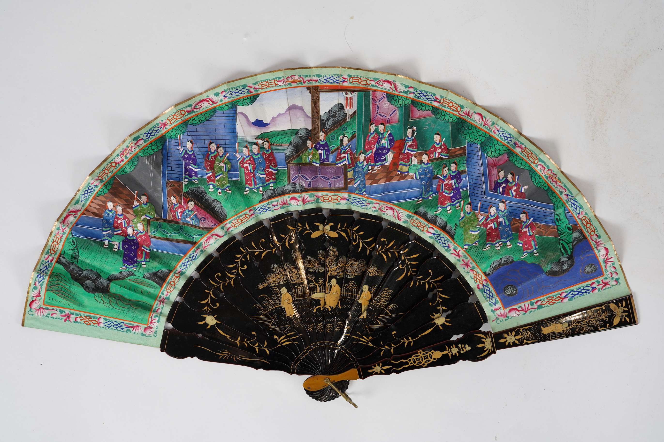 Three Chinese gilt-decorated black lacquer and painted leaf fans, 19th century